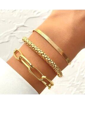 Gold Bracelet 3pc Set Snake Chain Herringbone Stackable Stylish Glam Elegant Fun